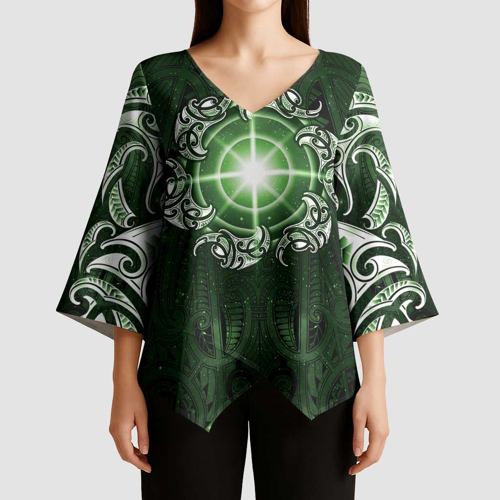 New Zealand Matariki Tupuarangi Kimono Sleeve Blouse Maori Moko Green Galaxy