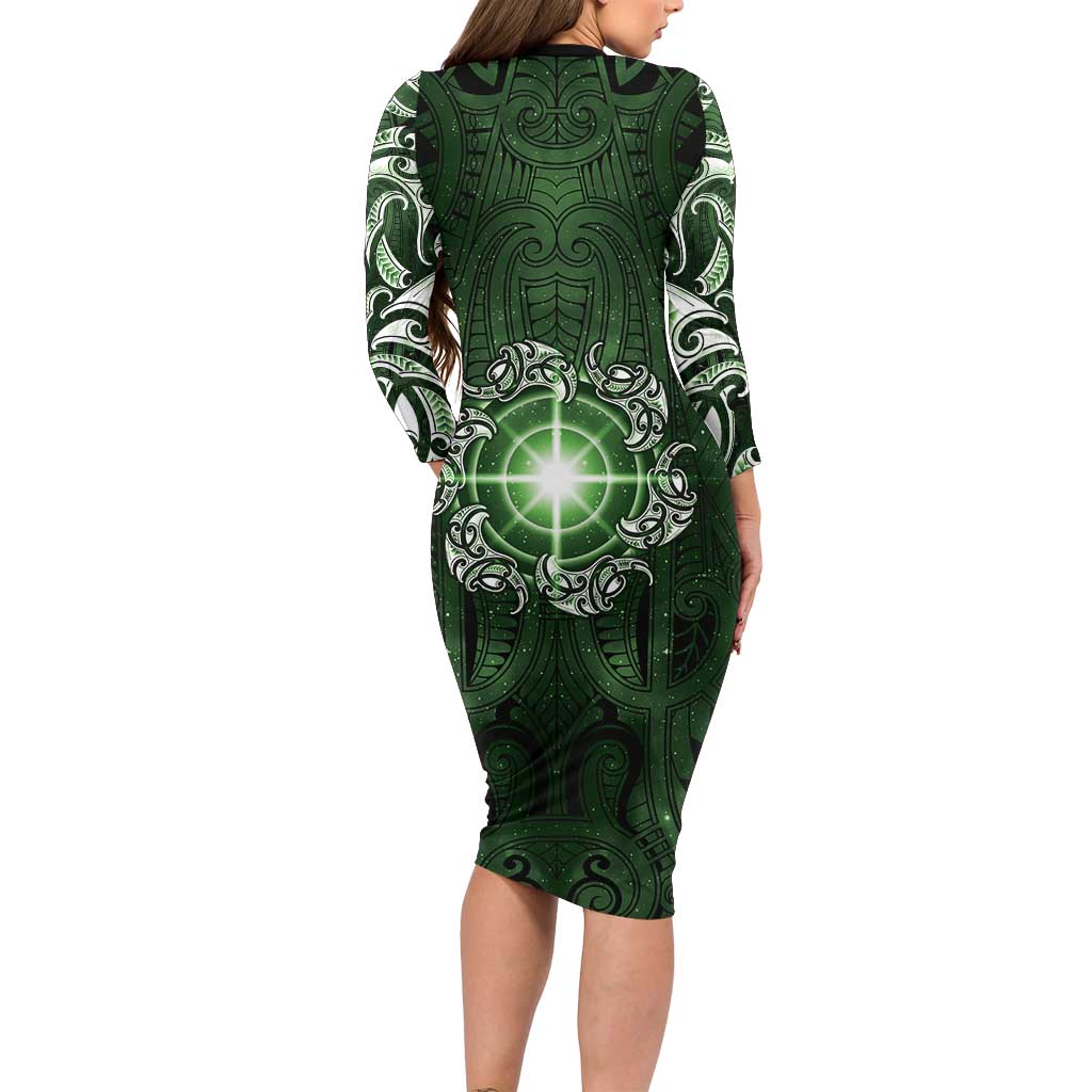 New Zealand Matariki Tupuarangi Long Sleeve Bodycon Dress Maori Moko Green Galaxy