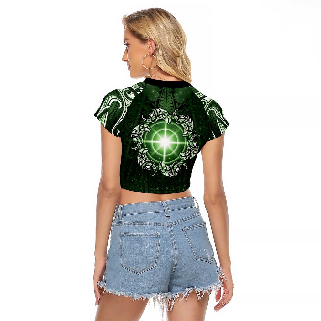 New Zealand Matariki Tupuarangi Raglan Cropped T Shirt Maori Moko Green Galaxy