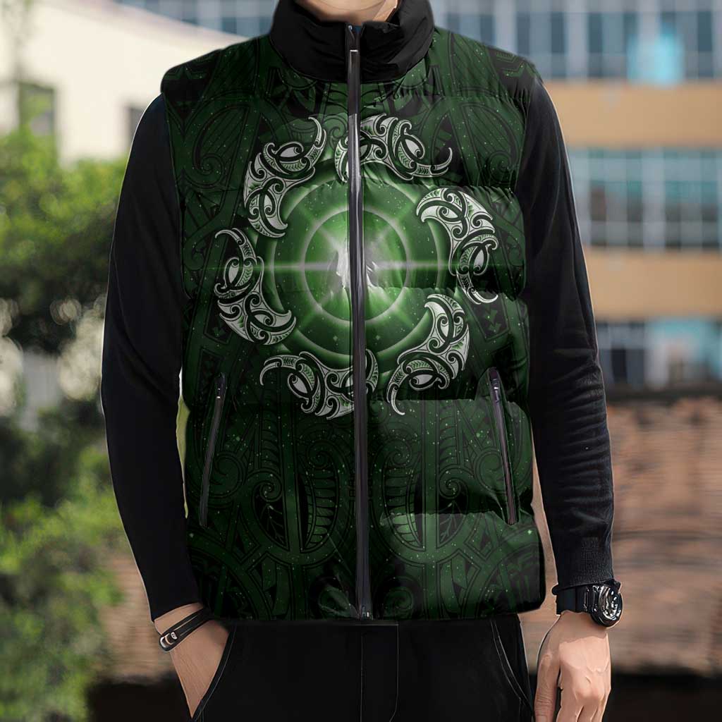 New Zealand Matariki Tupuarangi Sleeveless Puffer Jacket Maori Moko Green Galaxy