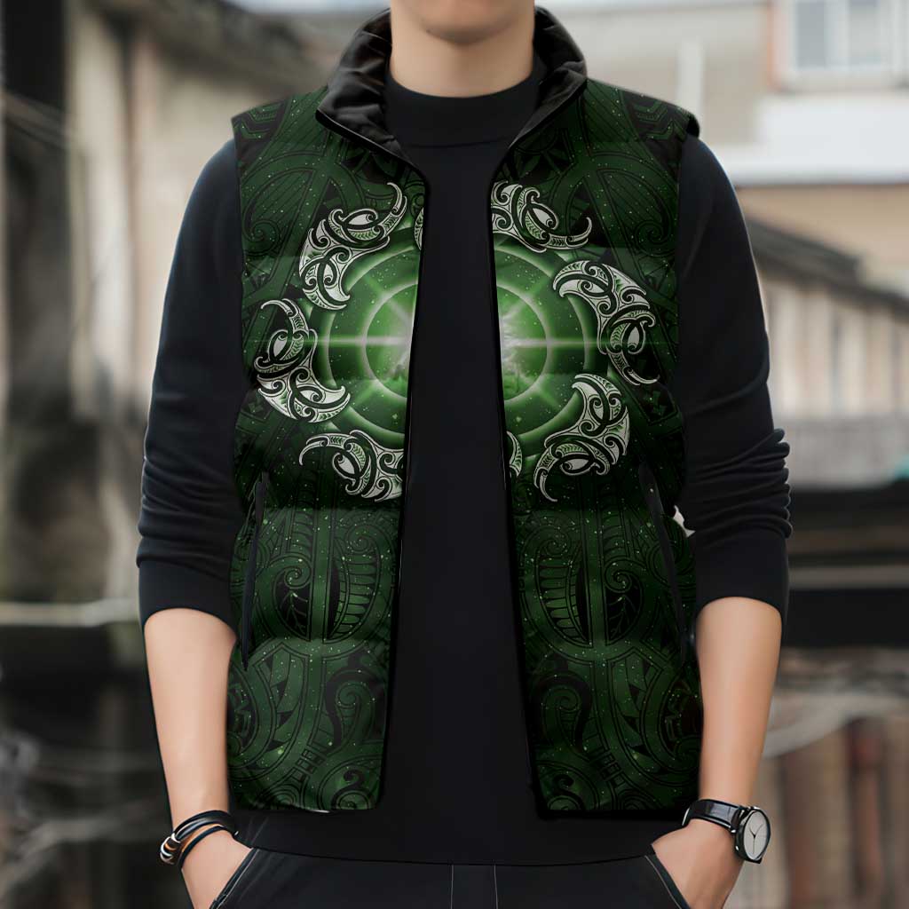 New Zealand Matariki Tupuarangi Sleeveless Puffer Jacket Maori Moko Green Galaxy