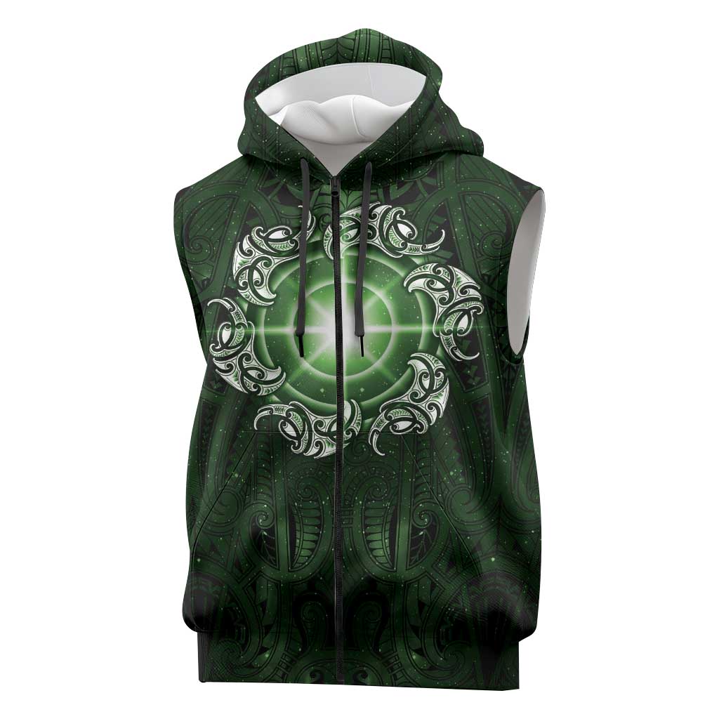 New Zealand Matariki Tupuarangi Sleeveless Zip Hoodie Maori Moko Green Galaxy