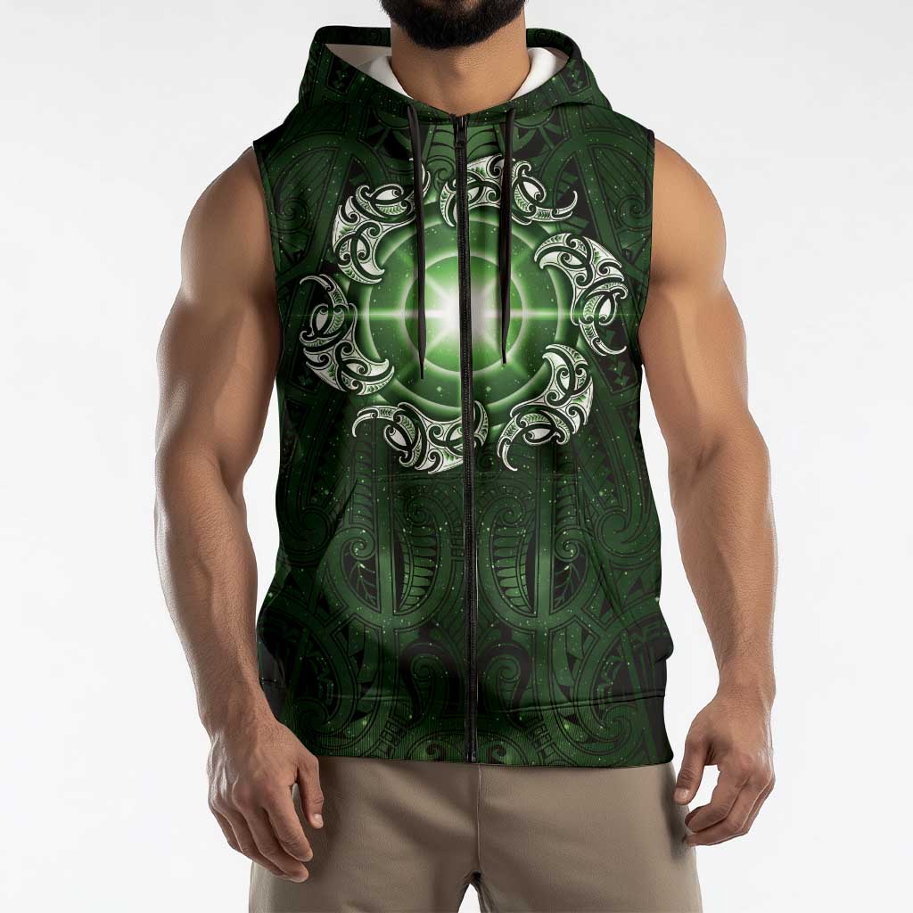 New Zealand Matariki Tupuarangi Sleeveless Zip Hoodie Maori Moko Green Galaxy