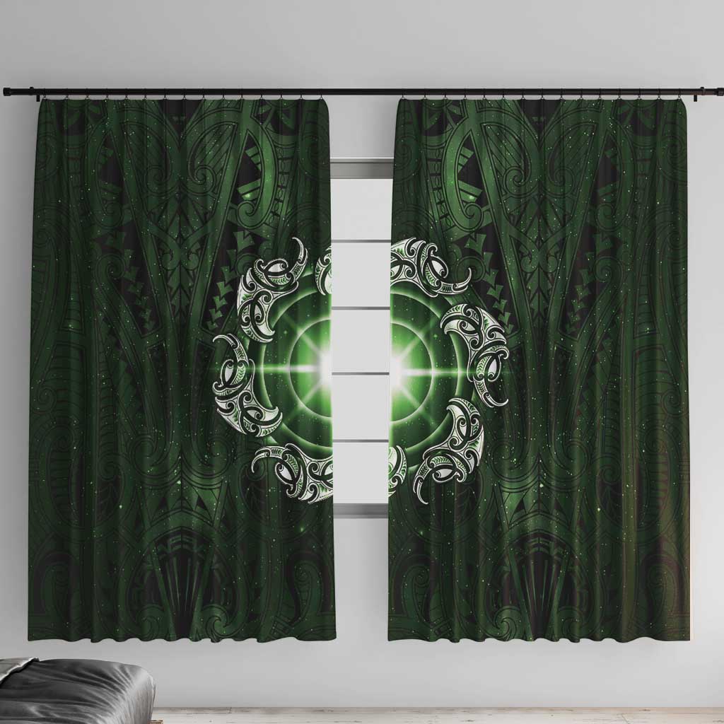 New Zealand Matariki Tupuarangi Window Curtain Maori Moko Green Galaxy LT05 With Hooks Green - Polynesian Pride