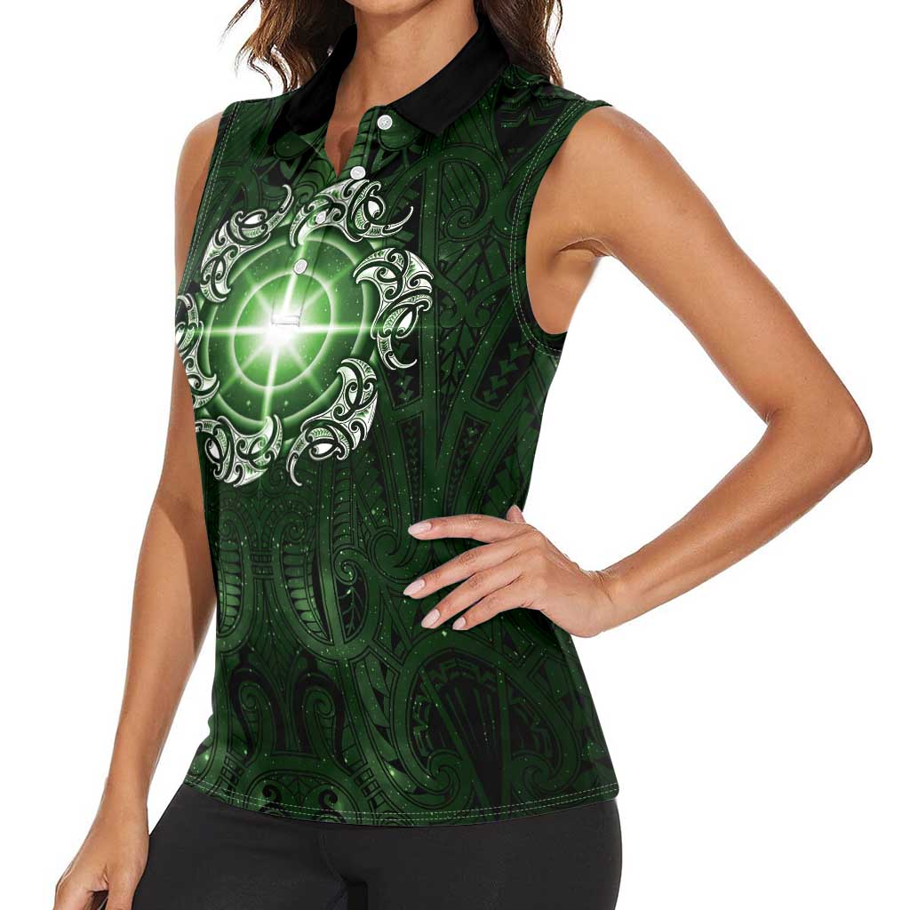 New Zealand Matariki Tupuarangi Women Sleeveless Polo Shirt Maori Moko Green Galaxy