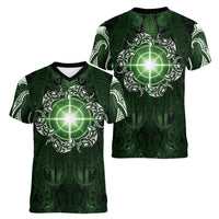 New Zealand Matariki Tupuarangi Women V-Neck T-Shirt Maori Moko Green Galaxy