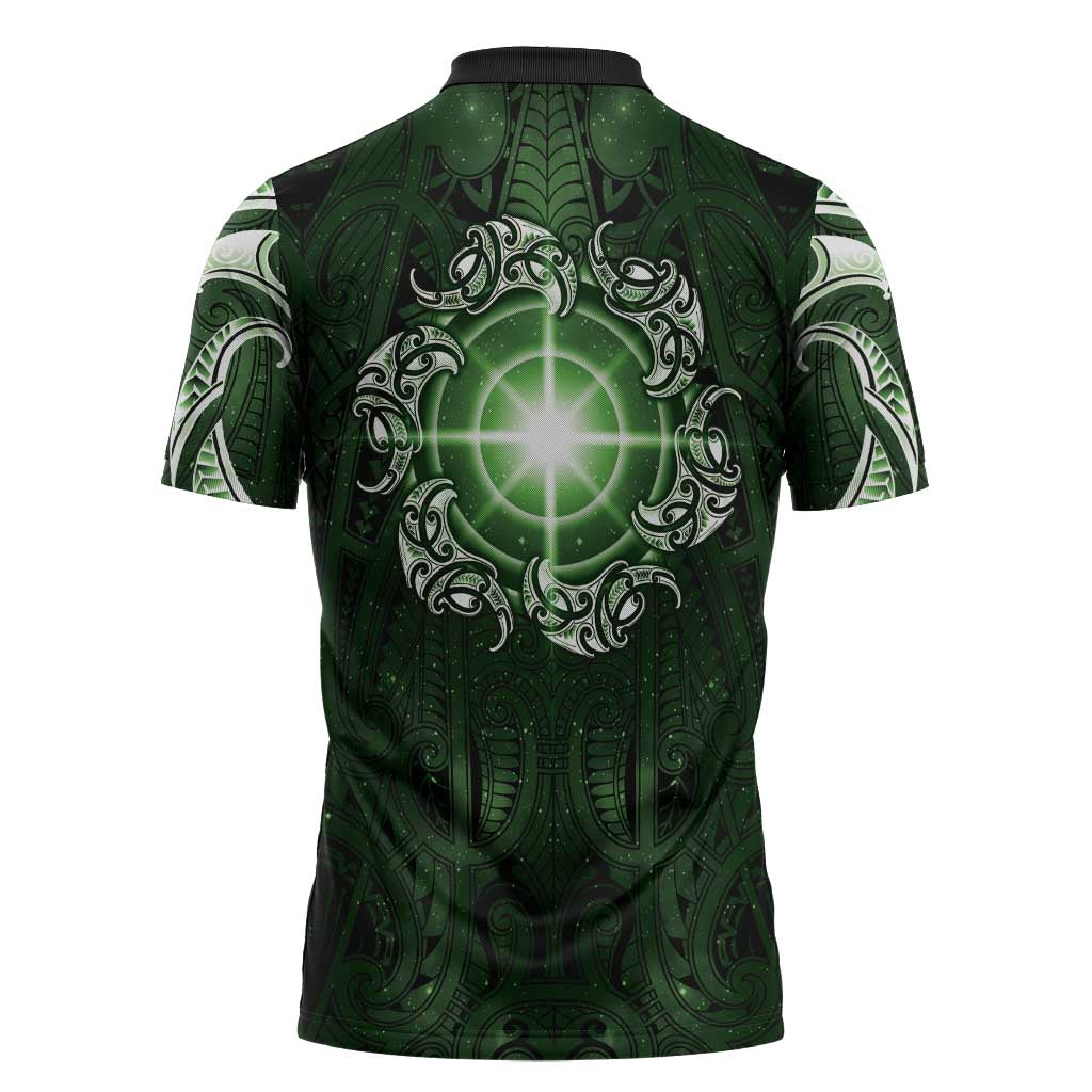 New Zealand Matariki Tupuarangi Zipper Polo Shirt Maori Moko Green Galaxy