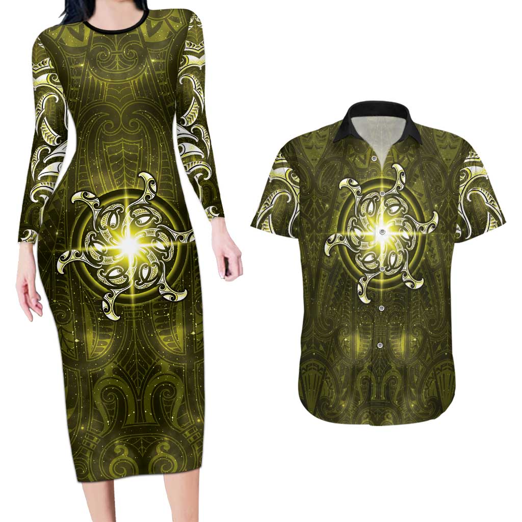 New Zealand Matariki Hiwaiterangi Couples Matching Long Sleeve Bodycon Dress and Hawaiian Shirt Maori Moko Yellow Galaxy