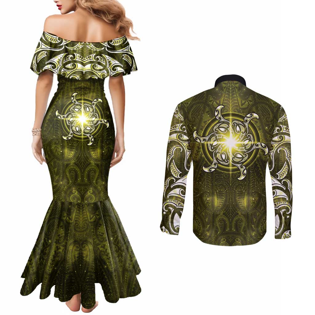 New Zealand Matariki Hiwaiterangi Couples Matching Mermaid Dress and Long Sleeve Button Shirt Maori Moko Yellow Galaxy