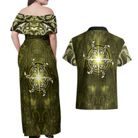 New Zealand Matariki Hiwaiterangi Couples Matching Off Shoulder Maxi Dress and Hawaiian Shirt Maori Moko Yellow Galaxy
