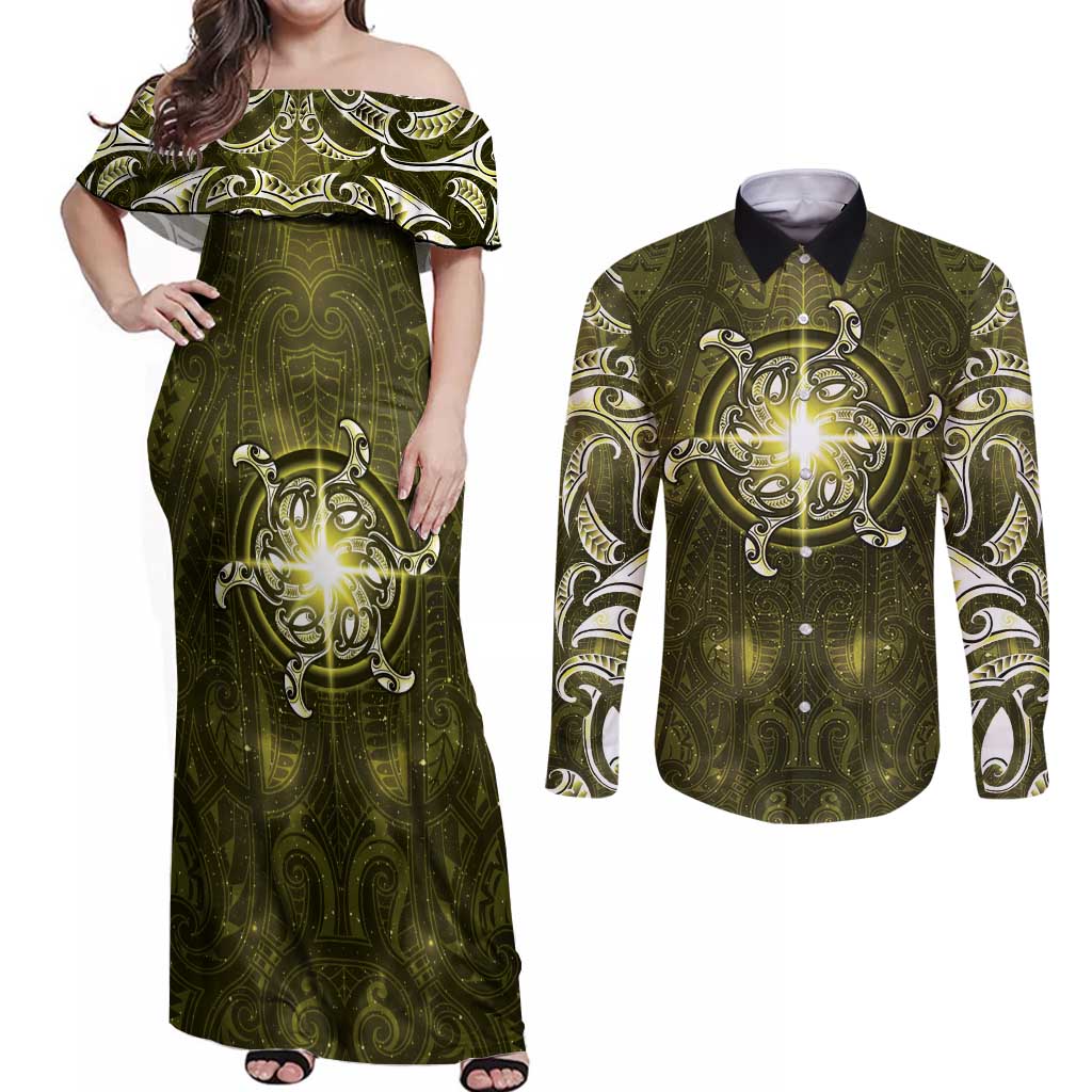 New Zealand Matariki Hiwaiterangi Couples Matching Off Shoulder Maxi Dress and Long Sleeve Button Shirt Maori Moko Yellow Galaxy