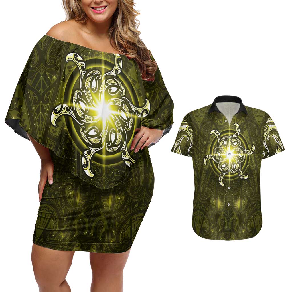 New Zealand Matariki Hiwaiterangi Couples Matching Off Shoulder Short Dress and Hawaiian Shirt Maori Moko Yellow Galaxy LT05 Yellow - Polynesian Pride