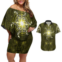 New Zealand Matariki Hiwaiterangi Couples Matching Off Shoulder Short Dress and Hawaiian Shirt Maori Moko Yellow Galaxy LT05 Yellow - Polynesian Pride