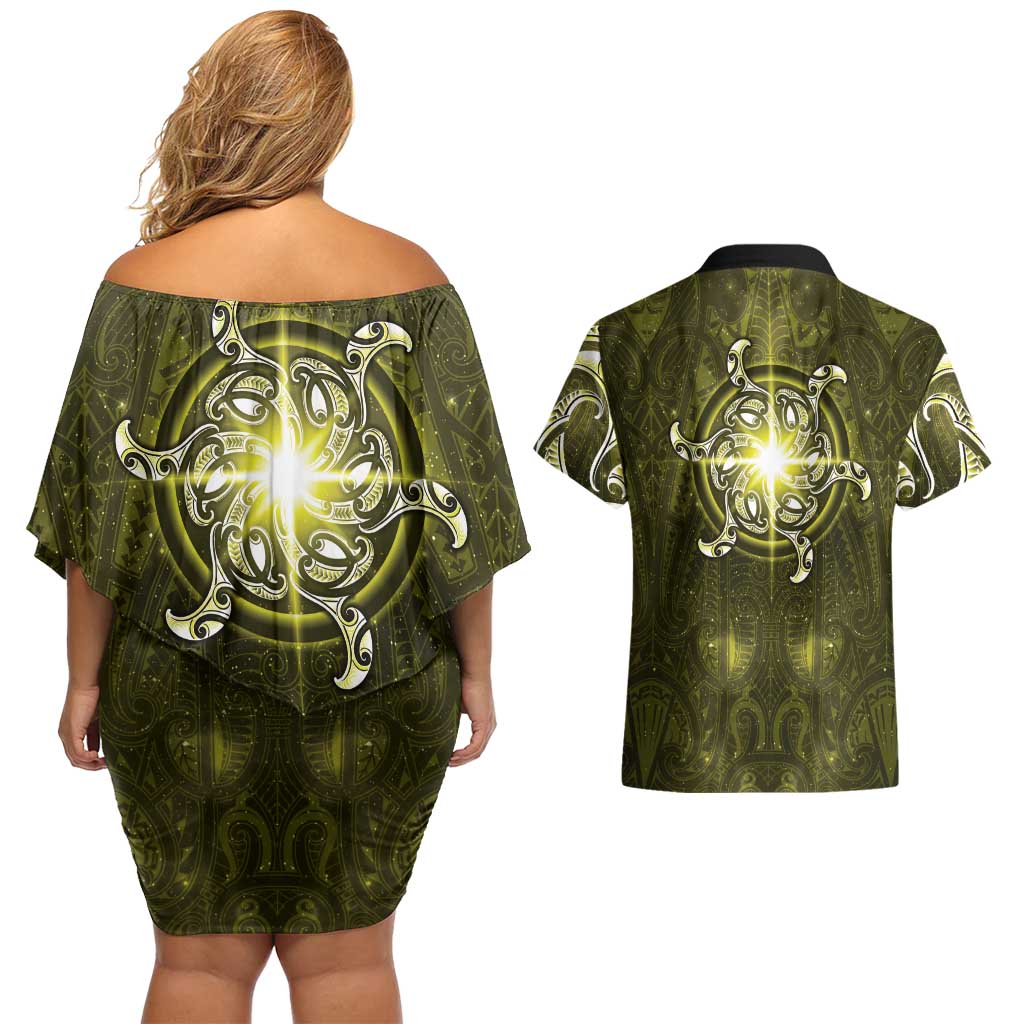 New Zealand Matariki Hiwaiterangi Couples Matching Off Shoulder Short Dress and Hawaiian Shirt Maori Moko Yellow Galaxy LT05 - Polynesian Pride
