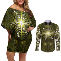 New Zealand Matariki Hiwaiterangi Couples Matching Off Shoulder Short Dress and Long Sleeve Button Shirt Maori Moko Yellow Galaxy