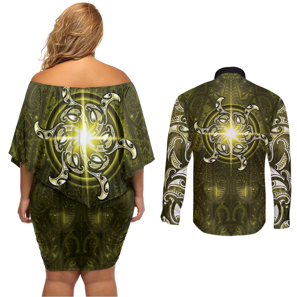 New Zealand Matariki Hiwaiterangi Couples Matching Off Shoulder Short Dress and Long Sleeve Button Shirt Maori Moko Yellow Galaxy
