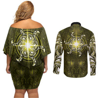New Zealand Matariki Hiwaiterangi Couples Matching Off Shoulder Short Dress and Long Sleeve Button Shirt Maori Moko Yellow Galaxy