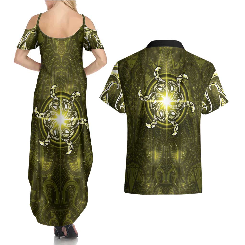 New Zealand Matariki Hiwaiterangi Couples Matching Summer Maxi Dress and Hawaiian Shirt Maori Moko Yellow Galaxy