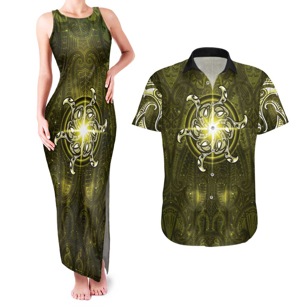 New Zealand Matariki Hiwaiterangi Couples Matching Tank Maxi Dress and Hawaiian Shirt Maori Moko Yellow Galaxy