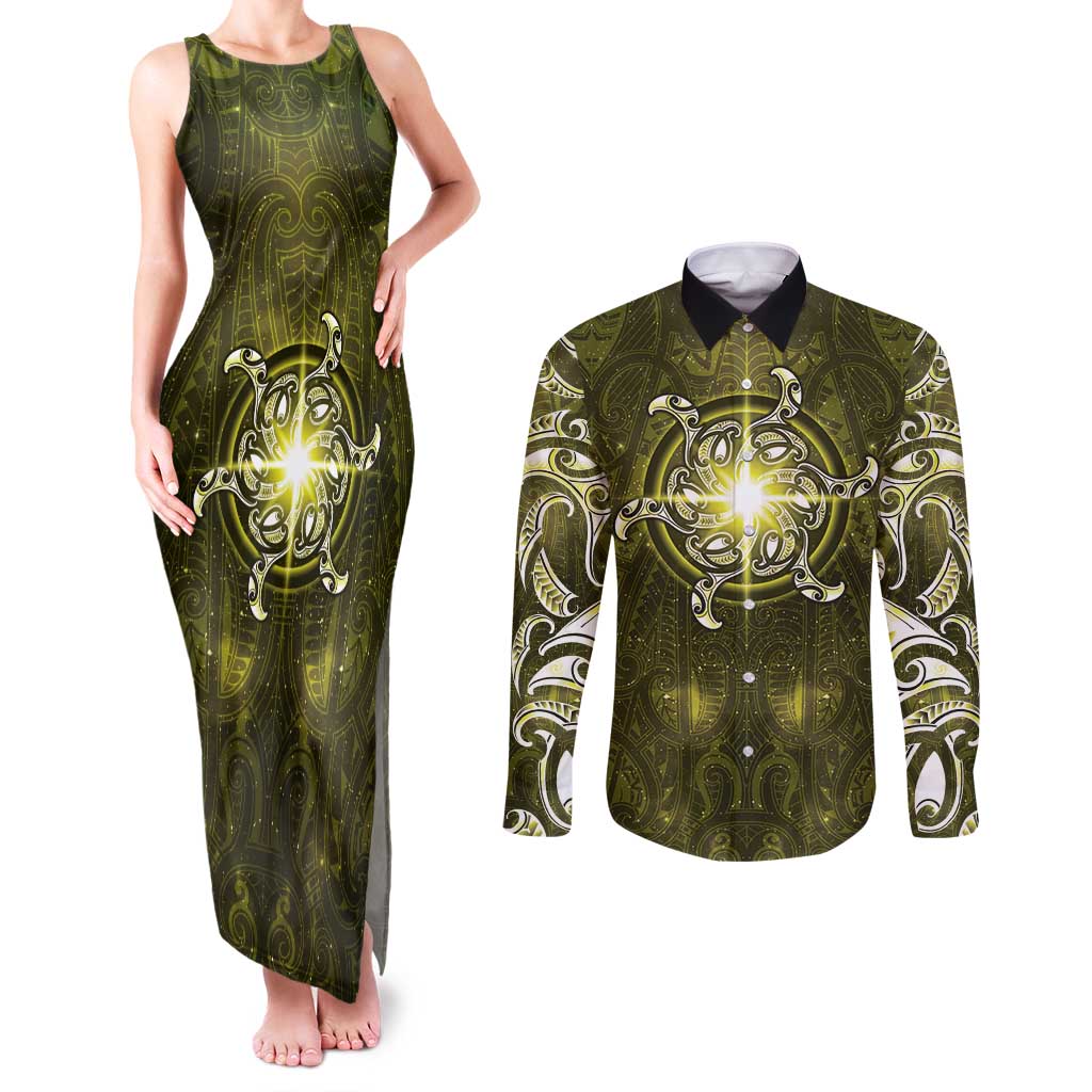 New Zealand Matariki Hiwaiterangi Couples Matching Tank Maxi Dress and Long Sleeve Button Shirt Maori Moko Yellow Galaxy