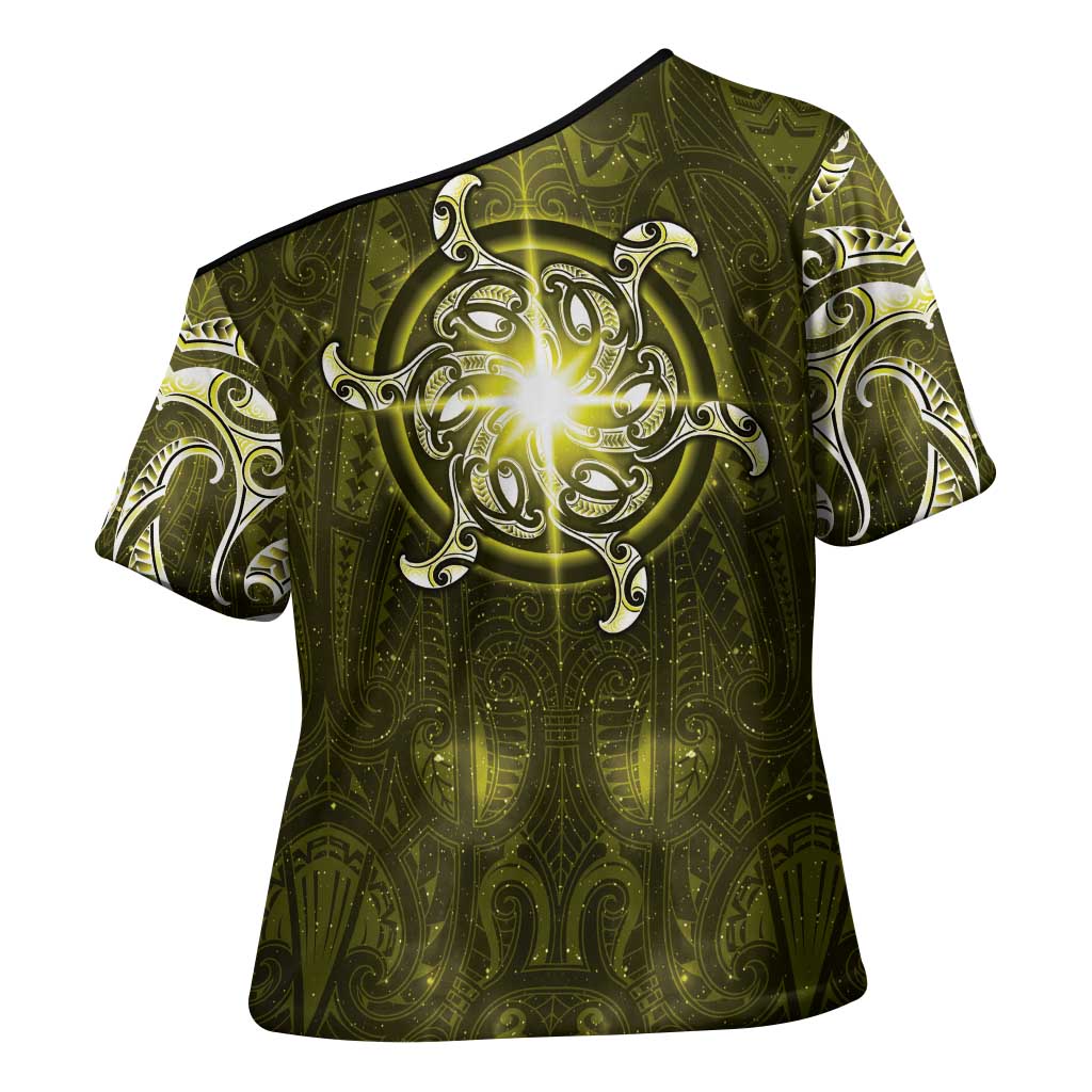 New Zealand Matariki Hiwaiterangi Cross Shoulder Shirt Maori Moko Yellow Galaxy
