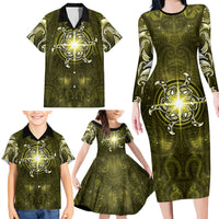 New Zealand Matariki Hiwaiterangi Family Matching Long Sleeve Bodycon Dress and Hawaiian Shirt Maori Moko Yellow Galaxy
