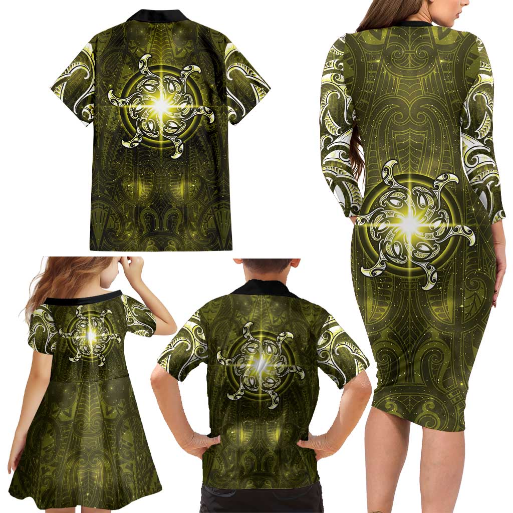 New Zealand Matariki Hiwaiterangi Family Matching Long Sleeve Bodycon Dress and Hawaiian Shirt Maori Moko Yellow Galaxy