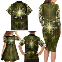 New Zealand Matariki Hiwaiterangi Family Matching Long Sleeve Bodycon Dress and Hawaiian Shirt Maori Moko Yellow Galaxy