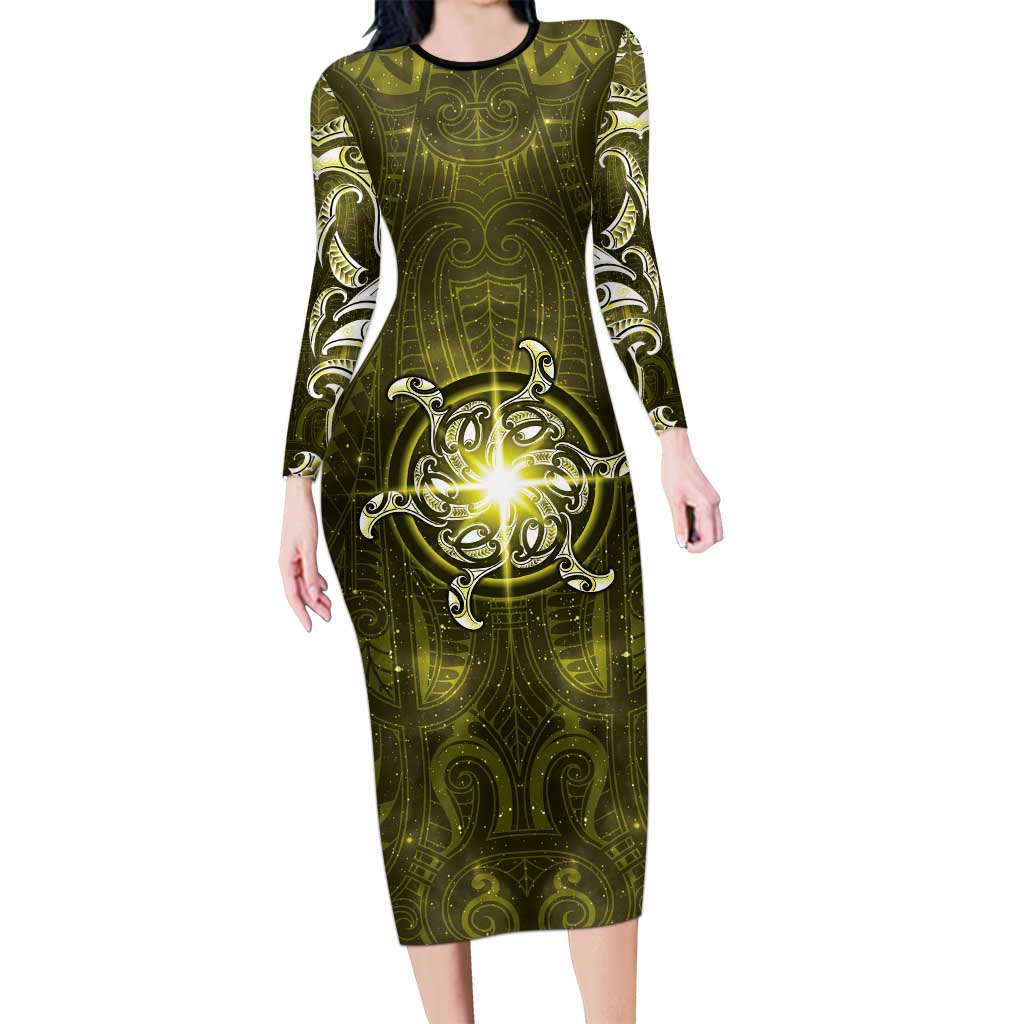 New Zealand Matariki Hiwaiterangi Family Matching Long Sleeve Bodycon Dress and Hawaiian Shirt Maori Moko Yellow Galaxy