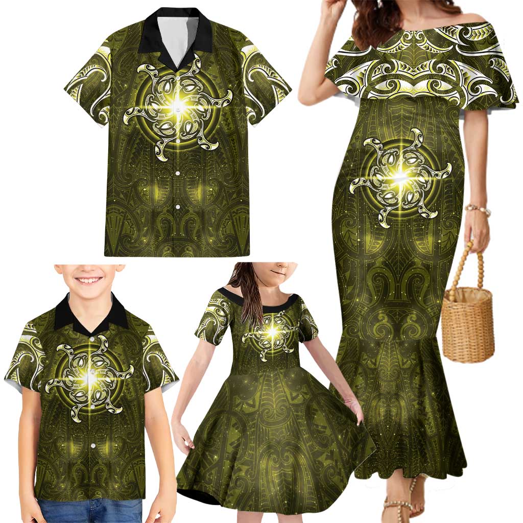 New Zealand Matariki Hiwaiterangi Family Matching Mermaid Dress and Hawaiian Shirt Maori Moko Yellow Galaxy