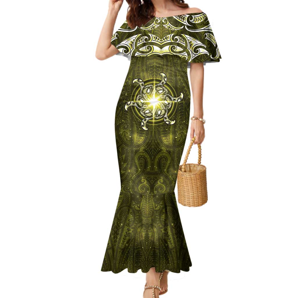 New Zealand Matariki Hiwaiterangi Family Matching Mermaid Dress and Hawaiian Shirt Maori Moko Yellow Galaxy