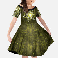 New Zealand Matariki Hiwaiterangi Family Matching Off The Shoulder Long Sleeve Dress and Hawaiian Shirt Maori Moko Yellow Galaxy LT05 Daughter's Dress Yellow - Polynesian Pride