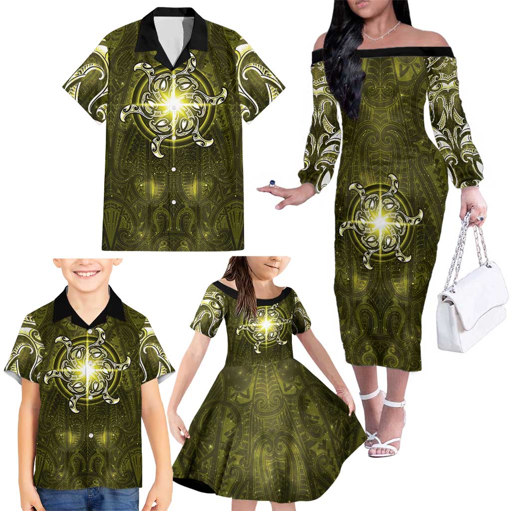 New Zealand Matariki Hiwaiterangi Family Matching Off The Shoulder Long Sleeve Dress and Hawaiian Shirt Maori Moko Yellow Galaxy LT05 - Polynesian Pride