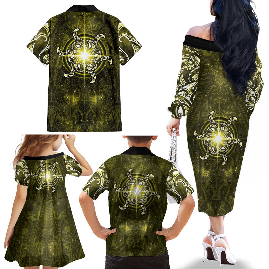 New Zealand Matariki Hiwaiterangi Family Matching Off The Shoulder Long Sleeve Dress and Hawaiian Shirt Maori Moko Yellow Galaxy LT05 - Polynesian Pride