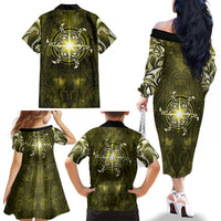 New Zealand Matariki Hiwaiterangi Family Matching Off The Shoulder Long Sleeve Dress and Hawaiian Shirt Maori Moko Yellow Galaxy LT05 - Polynesian Pride