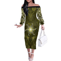 New Zealand Matariki Hiwaiterangi Family Matching Off The Shoulder Long Sleeve Dress and Hawaiian Shirt Maori Moko Yellow Galaxy LT05 Mom's Dress Yellow - Polynesian Pride