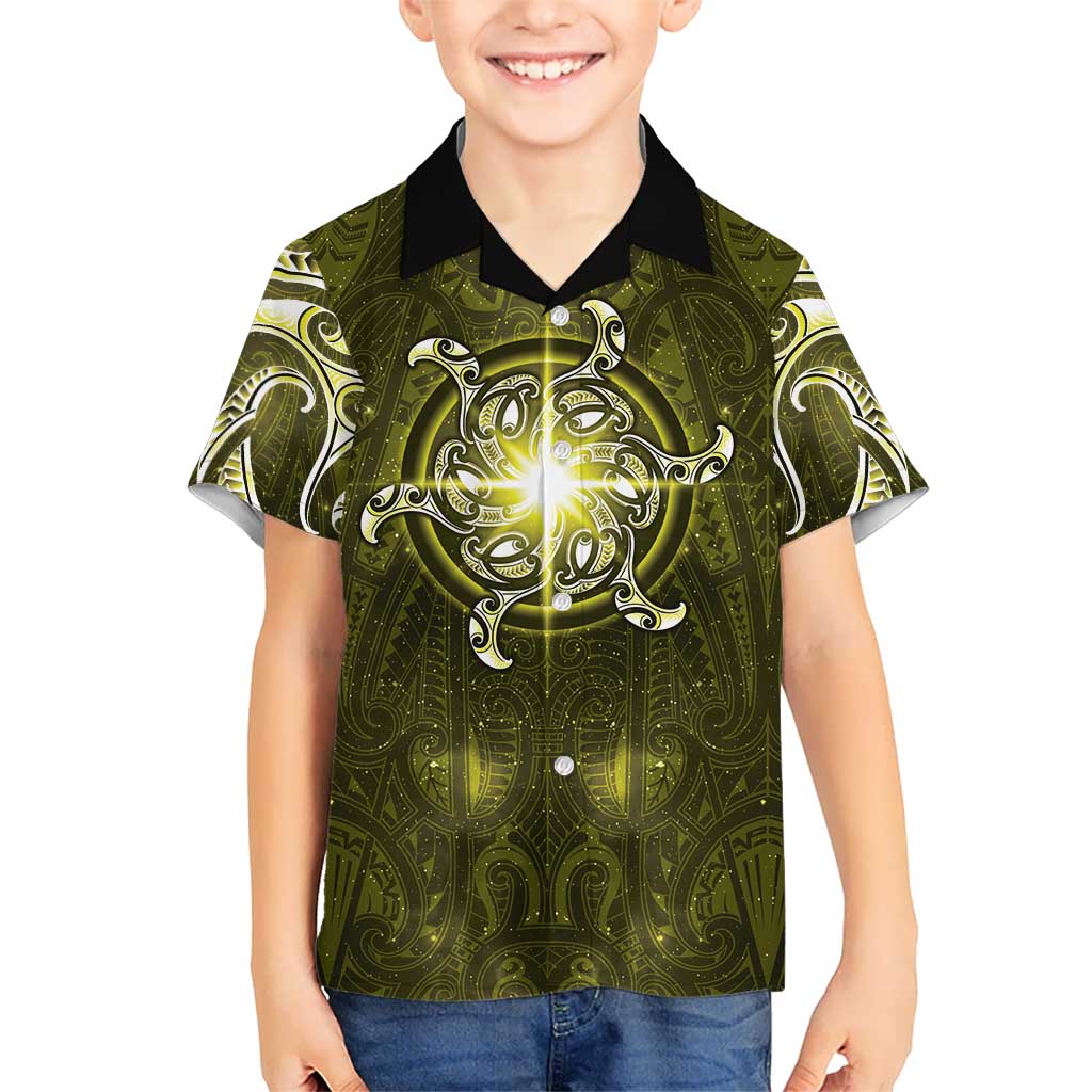 New Zealand Matariki Hiwaiterangi Family Matching Off The Shoulder Long Sleeve Dress and Hawaiian Shirt Maori Moko Yellow Galaxy LT05 Son's Shirt Yellow - Polynesian Pride