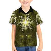 New Zealand Matariki Hiwaiterangi Family Matching Off The Shoulder Long Sleeve Dress and Hawaiian Shirt Maori Moko Yellow Galaxy LT05 Son's Shirt Yellow - Polynesian Pride