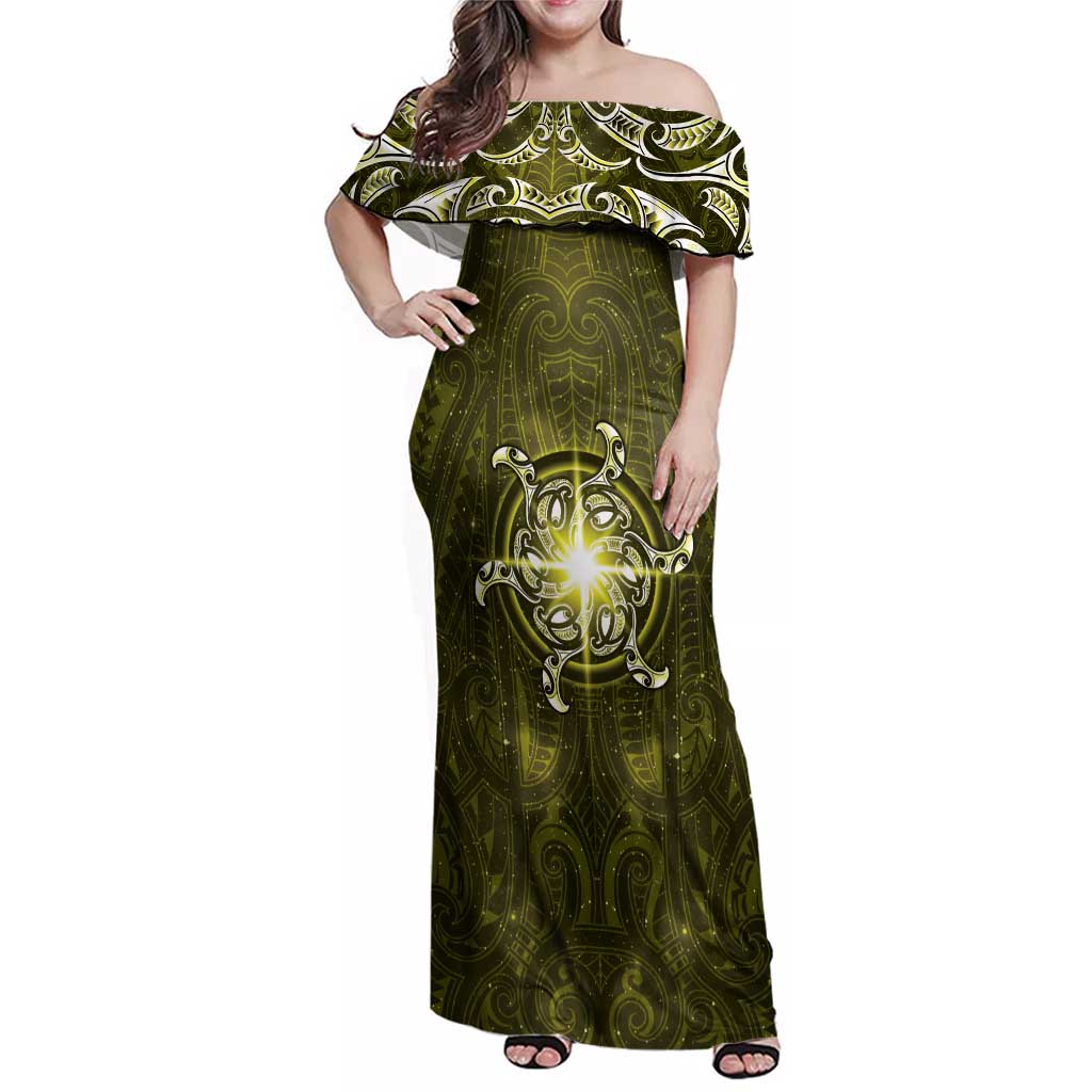 New Zealand Matariki Hiwaiterangi Family Matching Off Shoulder Maxi Dress and Hawaiian Shirt Maori Moko Yellow Galaxy