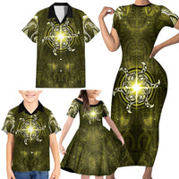 New Zealand Matariki Hiwaiterangi Family Matching Short Sleeve Bodycon Dress and Hawaiian Shirt Maori Moko Yellow Galaxy