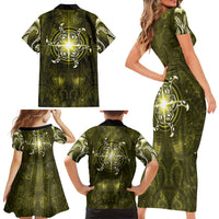 New Zealand Matariki Hiwaiterangi Family Matching Short Sleeve Bodycon Dress and Hawaiian Shirt Maori Moko Yellow Galaxy