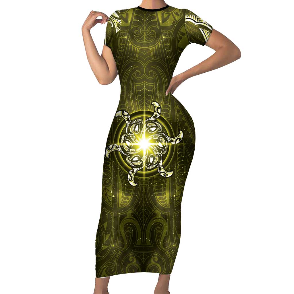 New Zealand Matariki Hiwaiterangi Family Matching Short Sleeve Bodycon Dress and Hawaiian Shirt Maori Moko Yellow Galaxy