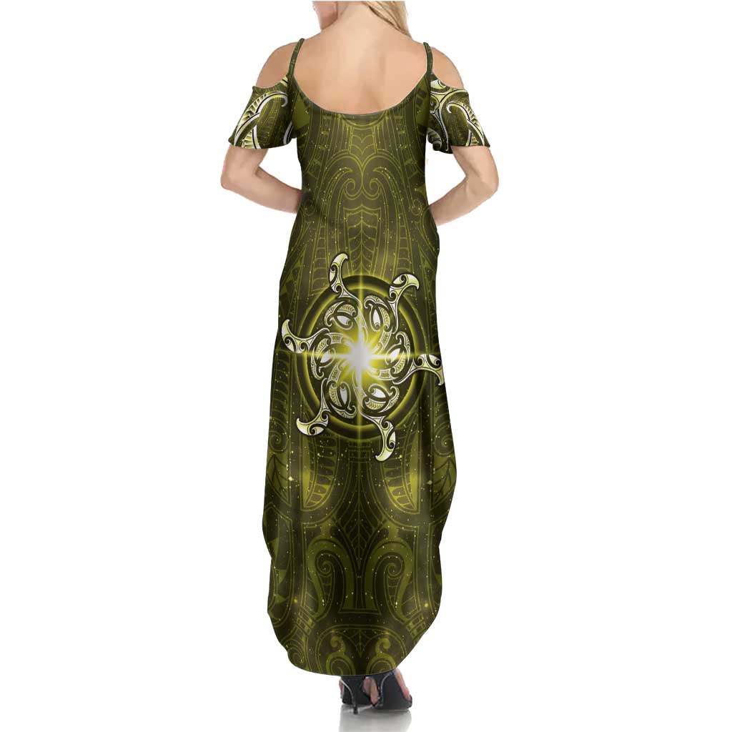 New Zealand Matariki Hiwaiterangi Family Matching Summer Maxi Dress and Hawaiian Shirt Maori Moko Yellow Galaxy
