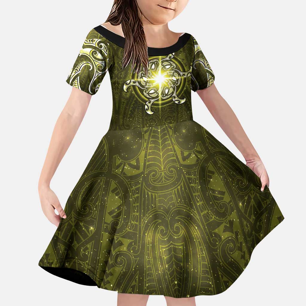 New Zealand Matariki Hiwaiterangi Family Matching Tank Maxi Dress and Hawaiian Shirt Maori Moko Yellow Galaxy LT05 Daughter's Dress Yellow - Polynesian Pride
