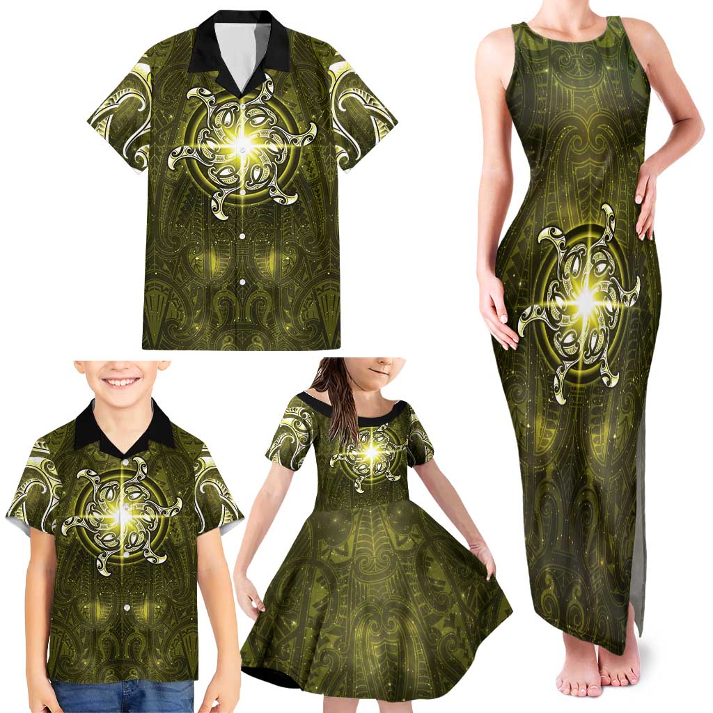 New Zealand Matariki Hiwaiterangi Family Matching Tank Maxi Dress and Hawaiian Shirt Maori Moko Yellow Galaxy LT05 - Polynesian Pride