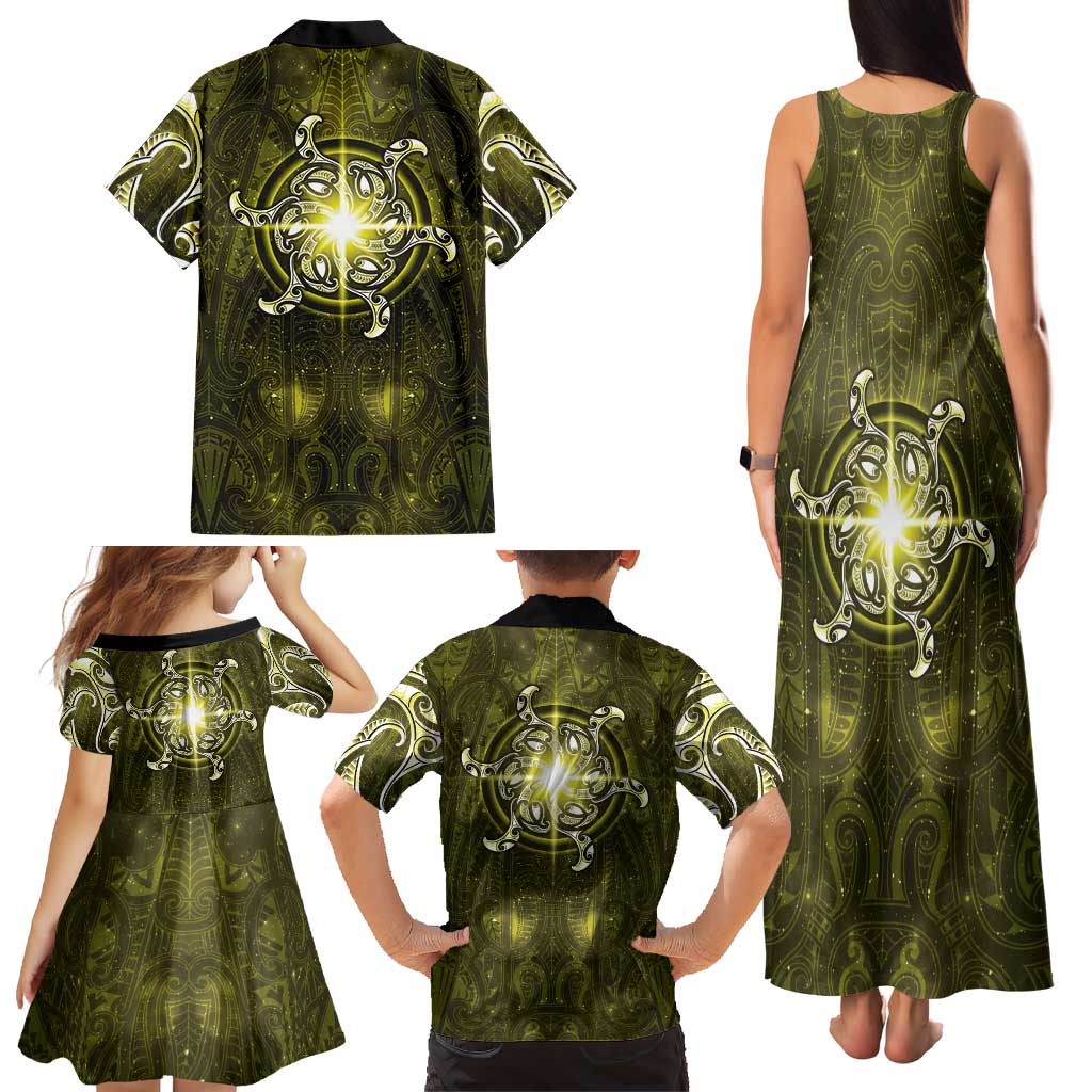 New Zealand Matariki Hiwaiterangi Family Matching Tank Maxi Dress and Hawaiian Shirt Maori Moko Yellow Galaxy LT05 - Polynesian Pride