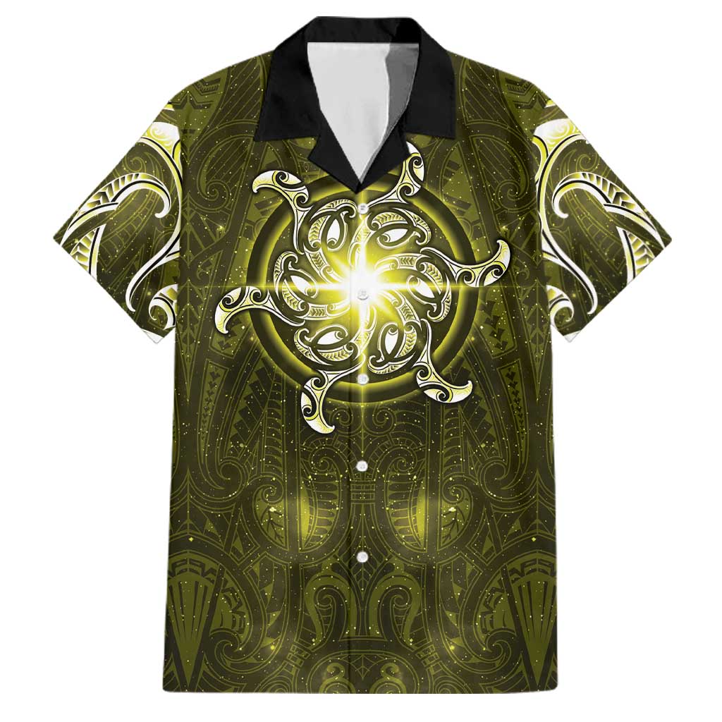 New Zealand Matariki Hiwaiterangi Family Matching Tank Maxi Dress and Hawaiian Shirt Maori Moko Yellow Galaxy LT05 Dad's Shirt - Short Sleeve Yellow - Polynesian Pride