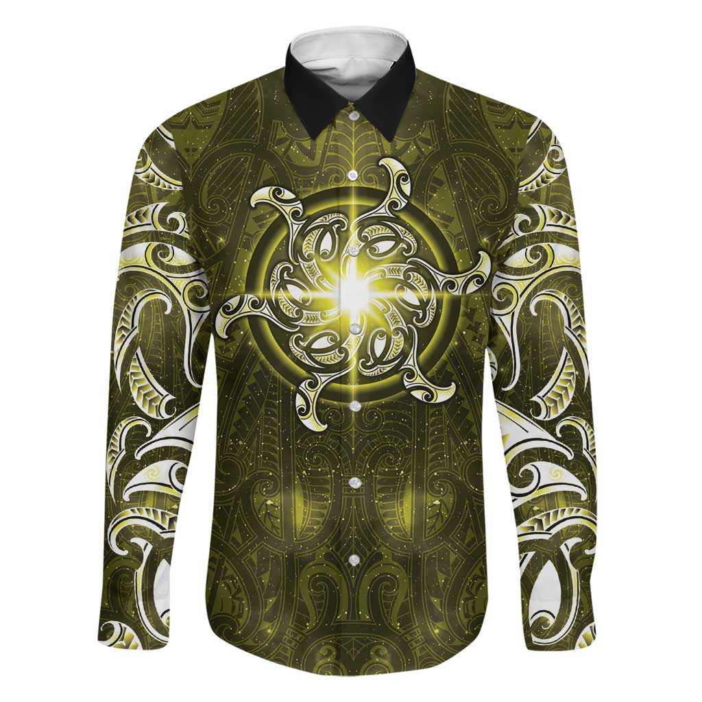 New Zealand Matariki Hiwaiterangi Family Matching Tank Maxi Dress and Hawaiian Shirt Maori Moko Yellow Galaxy LT05 Dad's Shirt - Long Sleeve Yellow - Polynesian Pride
