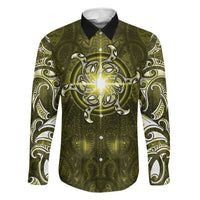 New Zealand Matariki Hiwaiterangi Family Matching Tank Maxi Dress and Hawaiian Shirt Maori Moko Yellow Galaxy LT05 Dad's Shirt - Long Sleeve Yellow - Polynesian Pride