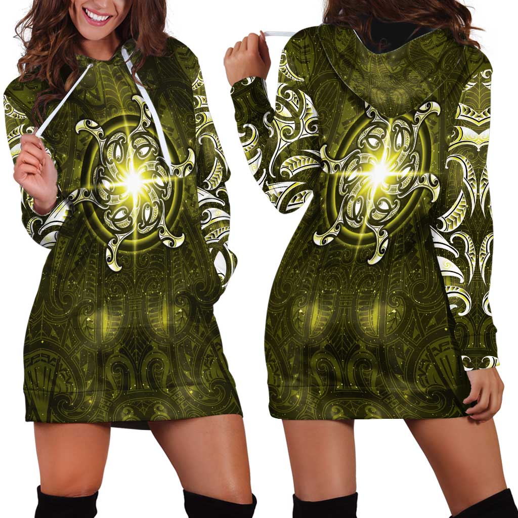 New Zealand Matariki Hiwaiterangi Hoodie Dress Maori Moko Yellow Galaxy